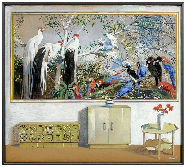 Julius Moessel gouache: (Chicago, Illinois, 1872-1960), interior room scene with painting of parrots and other exotic birds, signed lower right "Moessel", gouache over pencil on paper, 21-7/8 x 24-3/8 in.; metal frame. Creas