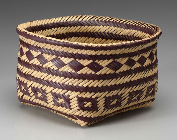 Double-woven river cane basket,: double woven, bands of geometric decoration, square-to-round format, Cherokee or Choctaw, 9 x 15 in. Several broken weavers. Provenance: Georgia Private Collection.