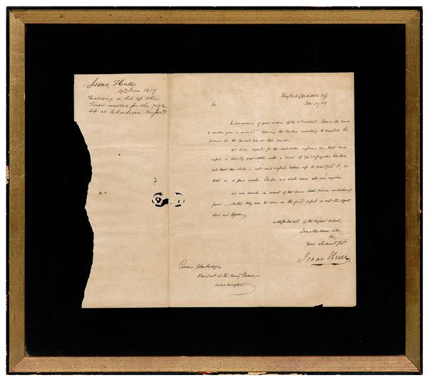 Isaac Hull autograph letter: (1773-1843, War of 1812 Captain of the [USS Constitution,] known as "Old Ironsides", Commodore in the U.S. Navy), ten-line letter dated June 29th, 1819, sent from the Charleston Navy Yard (Boston, Mas