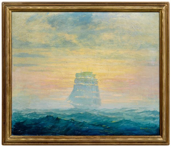 Kenneth Newell Avery painting: (California, 1882-1949), three-masted ship in the fog, signed lower right "Kenneth Avery 1926", oil on canvas, 21-3/4 x 26 in.; 20th century painted wood frame. Original stretcher and tacking edge, sc