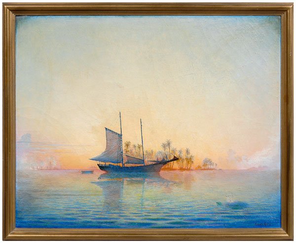 Kenneth Newell Avery painting: (California, 1882-1949), ship moored off a tropical island, signed lower right "Kenneth Avery", oil on canvas, 28-3/4 x 36 in.; original 20th century gilt wood frame with label verso for "Pasadena Art
