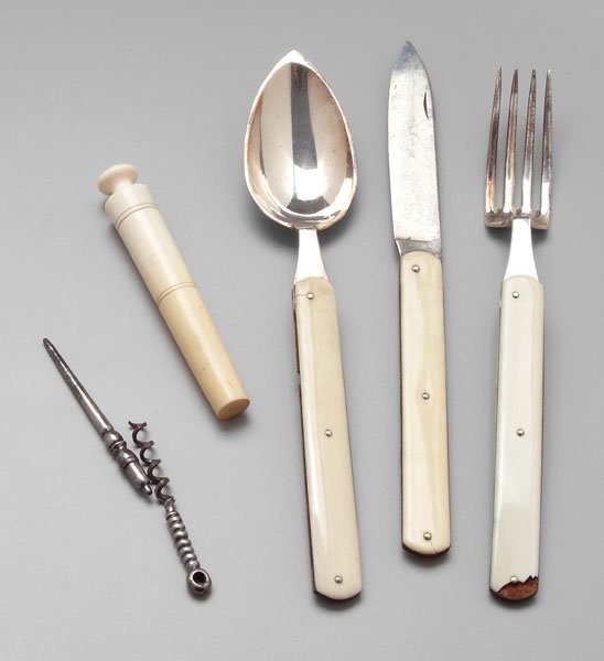 French campaign [etui,]: leather case with silver-plated beaker with fitted segmented interior containing folding spoon, fork, knife, corkscrew and ivory cased pick and shaker, ivory handles, silver plate tools, no monograms,