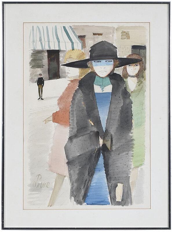Charles Levier: (French, 1920-2003) Parisian Women, signed lower left "Levier", watercolor on paper, sight 24-3/4 x 16-5/8 in.; metal frame, 30-1/4 x 22-1/4 in. Provenance: Private Florida Collection