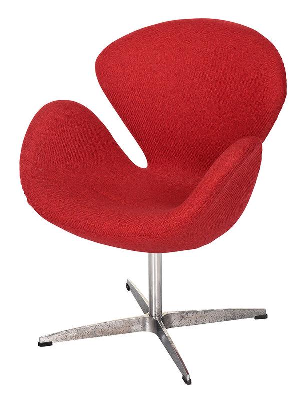 Arne Jacobsen Swan Chair: probably by Fritz Hansen, Denmark, red fabric upholstery, swiveling on a chromed base, unsigned, 33 x 27 x 24 in. Provenance: Private North Carolina Collection