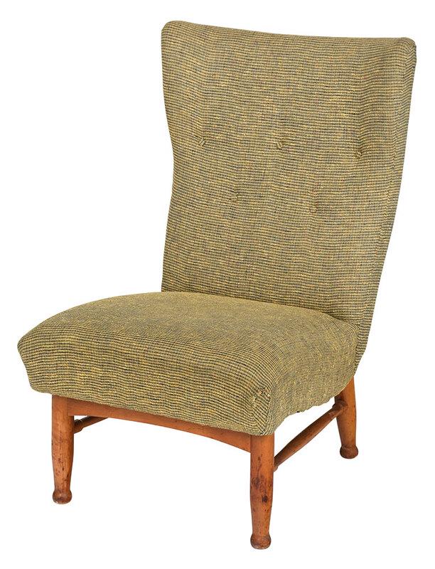 Elias Svedberg Swedish Modern Easy Chair: circa 1950s, label for "Nordiska Kompaniet Stockholm", otherwise unmarked, easy chair with upholstered back and seat on turned legs, 35 x 22 x 23 in. Provenance: Private Collection