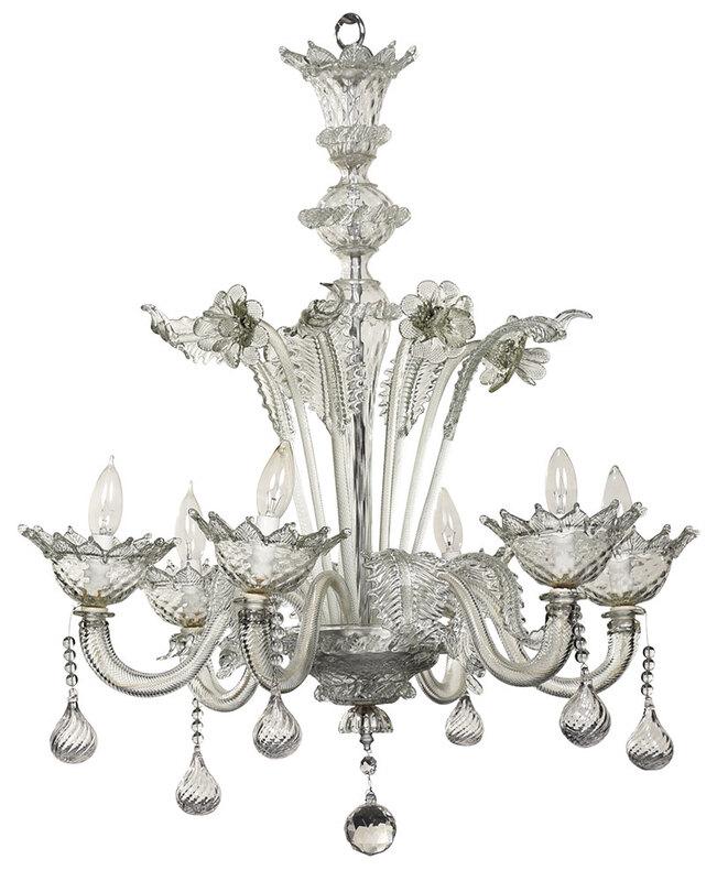 Murano Clear Glass Six Light Chandelier: Italian, late 20th century, clear glass fixture with six candle arms and fourteen leaf and rosette arms, each with spiral stem, 29 x 25 in. diameter Provenance: Private Collection, Palm Beach