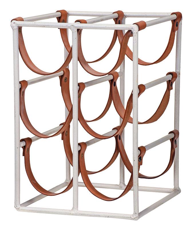 Arthur Umanoff Metal and Leather Wine Rack: American, 20th century, white painted metal frame fitted with leather straps, holds up to six bottles, 13-3/4 x 9-1/2 x 9-7/8 in. Provenance: Private Collection