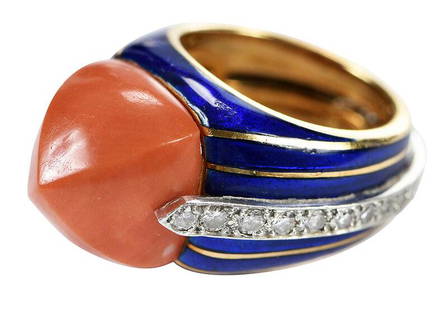 Tiffany & Co. Enamel, Coral, & Diamond Ring: likely Donald Claflin for Tiffany & Co., blue enamel, one cushion shaped sugarloaf coral cabochon approx. 14 x 13 x 10mm, 30 round brilliant and single cut diamonds estimated total weight 0.60ct., han