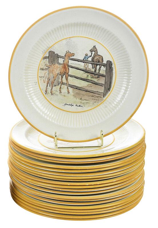 21 Ridgeways Horse Vignette Cabinet Plates: British, 20th century, hand colored earthenware plates, stampd "Ridgeways Old Ivory Bedford Ware" signed Cyril Gorainoff, 10 in. Provenance: Estate of T. Kenneth and Karin Ellis, "Stepping Stones", Ho