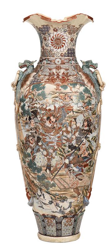 Japanese Tall Satsuma Palace Vase: 20th century, flared rim, hand painted with opposing scenes of samurai figures in landscapes, dragon figural handles with gilt rope, 50-1/2 in. Provenance: Estate of T. Kenneth and Karin Ellis, "Stepp