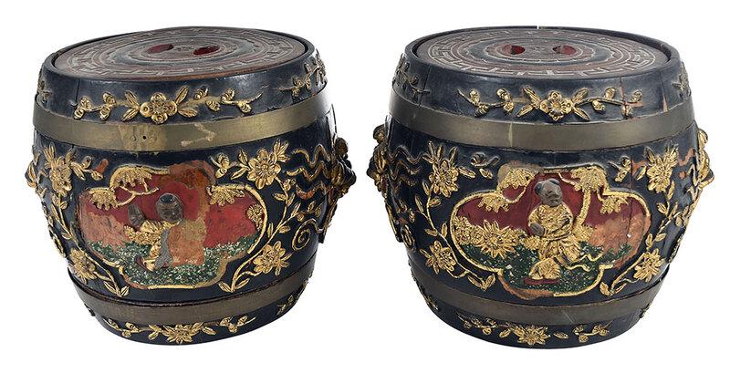 Pair Chinese Polychrome and Gilt Lidded Barrels: black and red painted and gilt surfaces carved in relief with floral motifs, masks, and outdoor scenes, two brass bands, at top 7-3/4 x 7-1/2 in. Provenance: Estate of T. Kenneth and Karin Ellis, "Ste