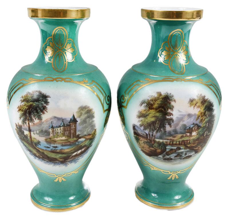 Pair of French Sevres Style Porcelain Vases: French, 20th century, turquoise green baluster vases, gilt art nouveau borders framing transfer decorated landscape scenes with hand painted accents, 13 x 6-1/2 in. Provenance: Estate of T. Kenneth an
