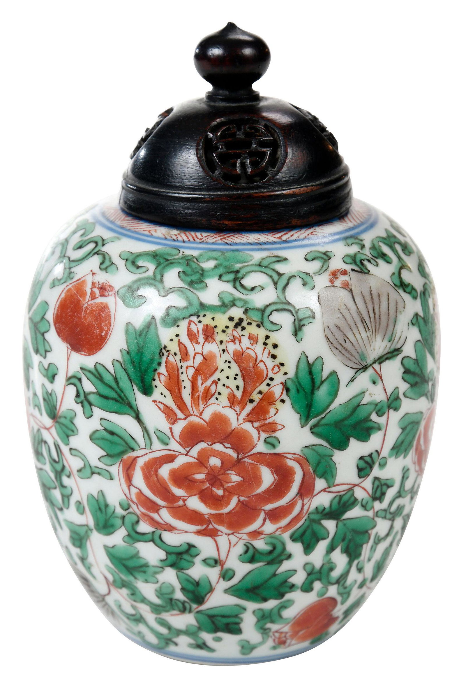 Chinese Wucai Enameled Porcelain Jar with Cover: probably late Ming dynasty, ovoid jar decorated with underglaze blue rings along the shoulder and foot, the body enamel decorated with leafy scrolls and large blossoms, with carved and pierced wooden 