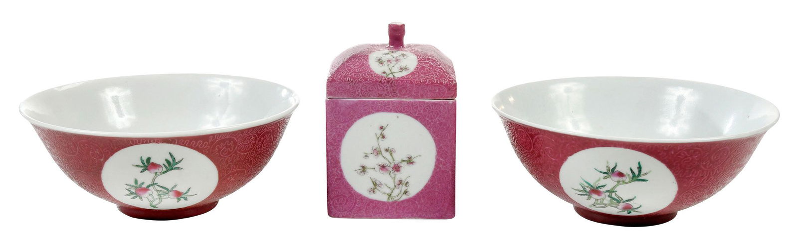 Three Pieces Chinese Ruby Sgraffito Ground Porcelain (1 of 11)