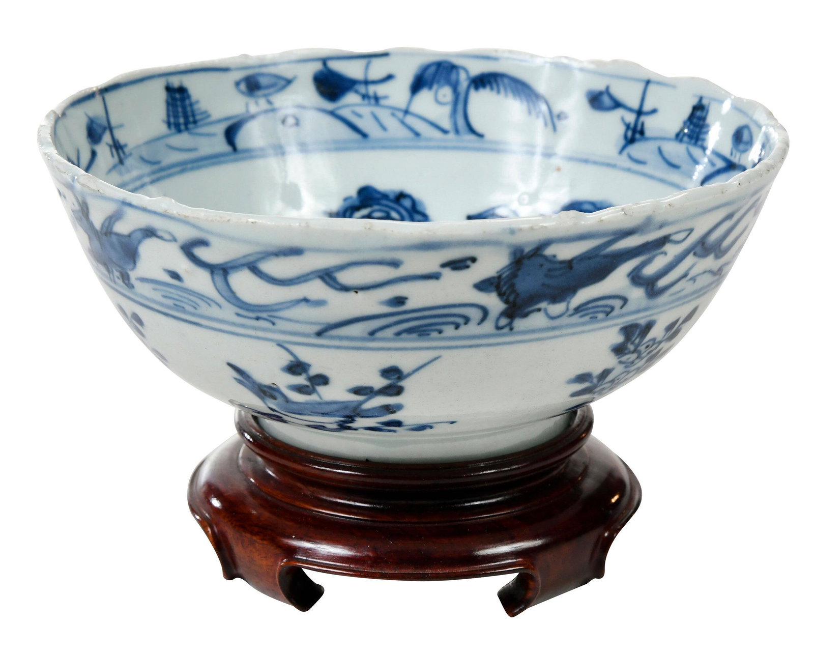 Chinese Ming Dynasty Blue and White Porcelain Bowl: probably Wanli period, footed bowl with scalloped rim, exterior painted with a band of leaping horses over waves, floral sprigs, and birds, the interior decorated with interlocking floralÿchain betwe