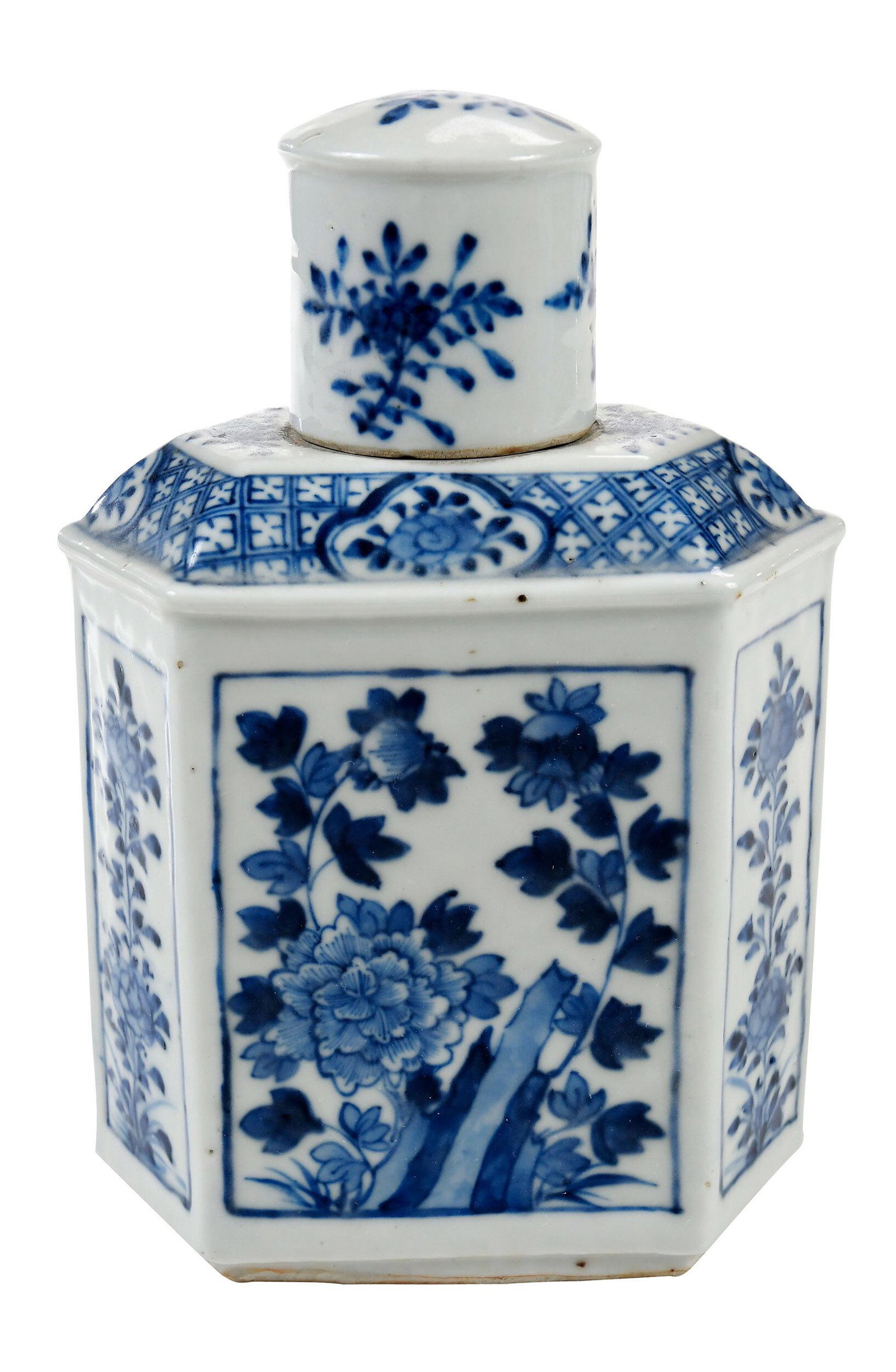 Chinese Blue and White Porcelain Tea Caddy: with underglaze blue reign mark of Kangxi,ÿhexagonal form, with lid, 7 in.ÿ Provenance: Lucinda B. Rackley's Antiques, Wilson, North Carolina, March 1974, sold for $195 (accompanied by copy of recei