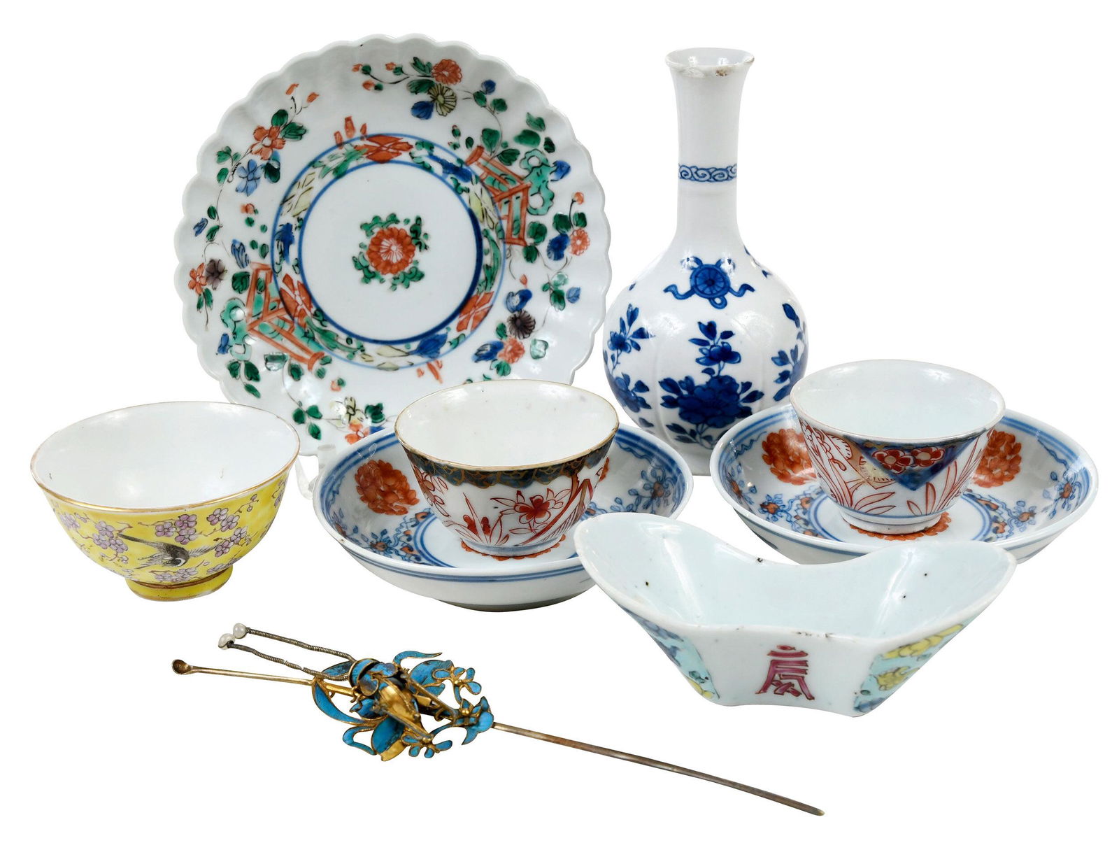 Eight Pieces Chinese Porcelain, Enameled Hair Pin (1 of 12)