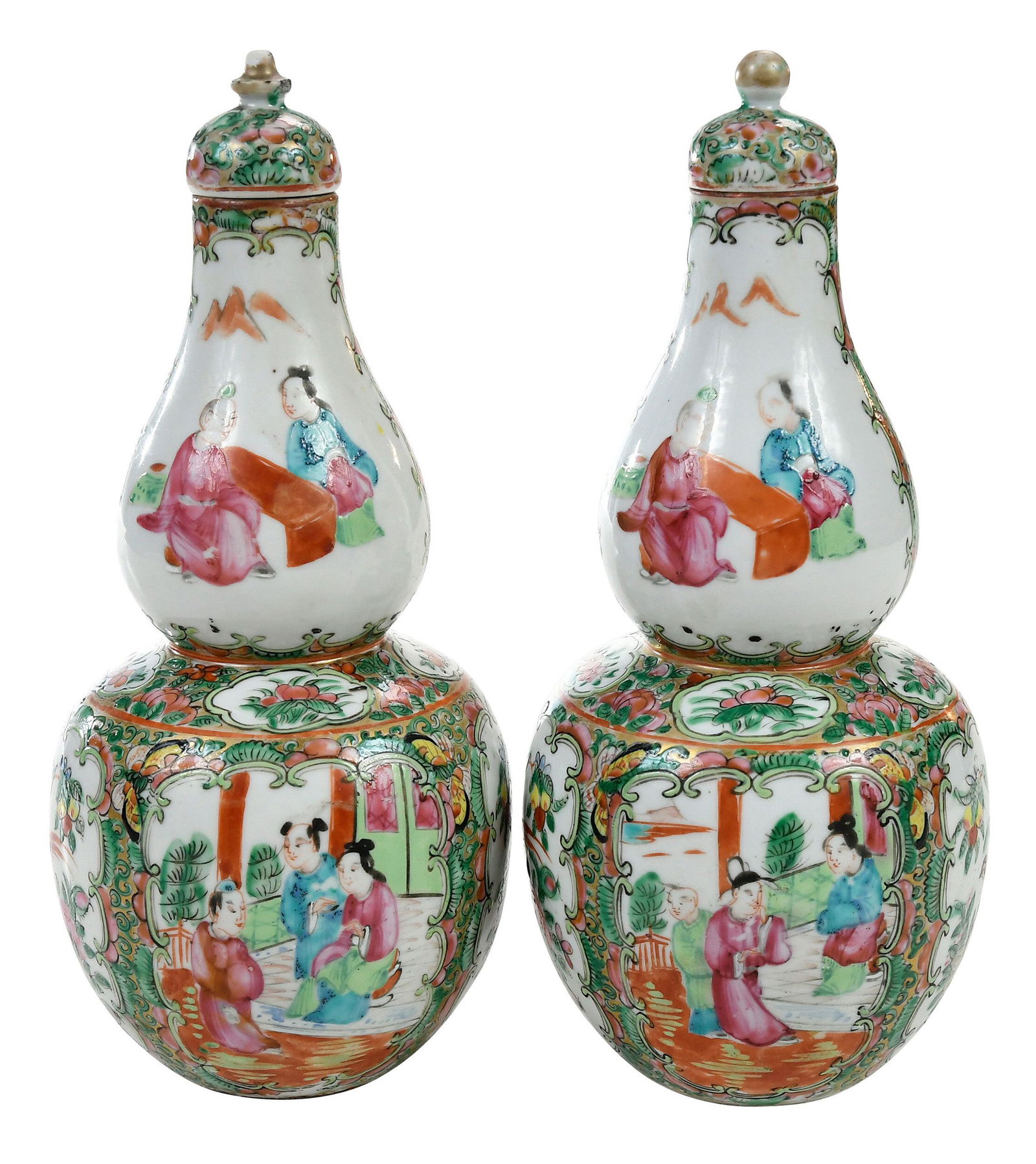 Pair Chinese Rose Medallion Double Gourd Vases (1 of 6)