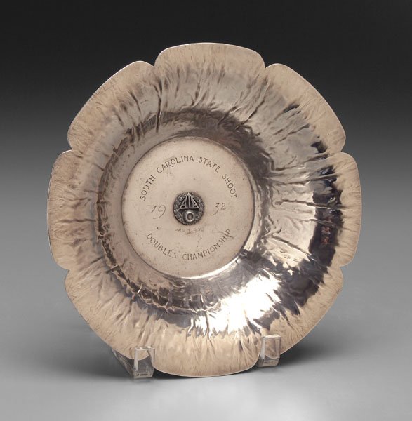 Dodge sterling silver trophy bowl,: waterfall design with scalloped edge, applied "ATA" emblem, "SOUTH CAROLINA STATE SHOOT/1932/WON BY/DOUBLES CHAMPIONSHIP", mark for shop of William Waldo Dodge (Asheville, North Carolina, working 1923