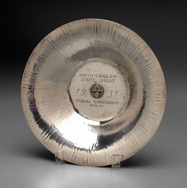 Dodge sterling silver trophy bowl,: waterfall design, applied "ATA" emblem, "SOUTH CAROLINA/STATE SHOOT/1931/ALL-ROUND CHAMPIONSHIP/WON BY", mark for shop of William Waldo Dodge (Asheville, North Carolina, working 1923-1942), Dick Shufo