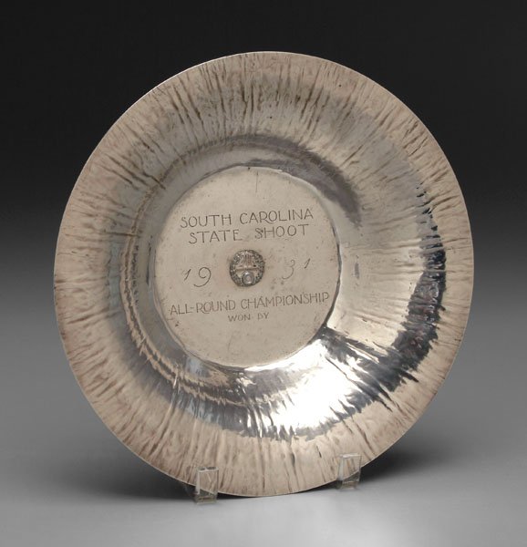 Dodge sterling silver trophy bowl,: waterfall design, applied "ATA" emblem, "SOUTH CAROLINA/STATE SHOOT/1931/ALL-ROUND CHAMPIONSHIP/WON BY", mark for shop of William Waldo Dodge (Asheville, North Carolina, working 1923-1942), Dick Shufo