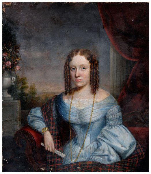 Cephas G. Thompson portrait,: young lady in blue dress with plaid wrap, in an architectural setting with column and drapery, urn with roses against a landscape, inscribed verso "Cephas Thompson", "Cephas Thompson…American Portra