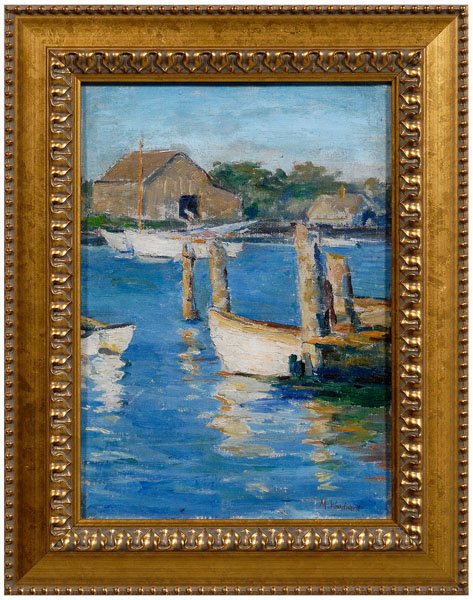 Mabel May Woodward painting: (Rhode Island, 1877-1945), boats moored in a harbor, distant barn and house, oil on canvas board, 14 x 10 in.; modern gilt wood frame. Light grime; frame with abrasions.