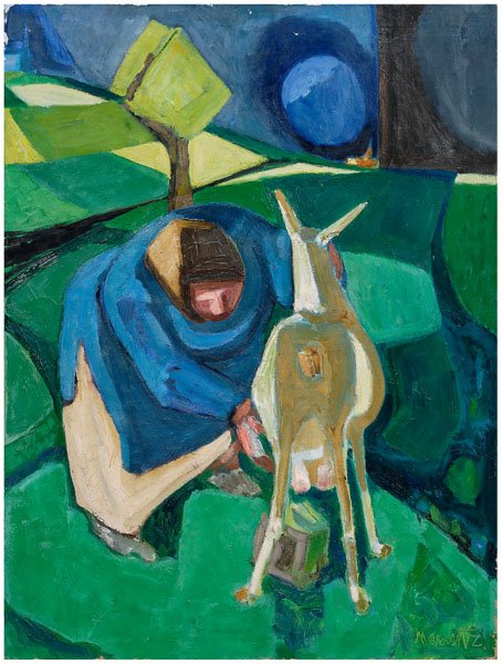 Irving Marantz painting: (New York, 1912-1972), abstract landscape with woman milking a goat, titled verso "Farm scene", signed lower right "Marantz", oil on canvas, unframed, 40 x 30-1/8 in. Canvas buckling, crackle, cupping