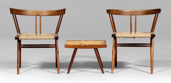 Pair Nakashima grass-seat chairs:: walnut throughout with twisted fiber seats and turned legs, 26-1/2 x 18 x 18 in., with similar footstool, 12-1/2 x 18 x 16 in., made by George Nakashima, 1950s or 1960s. Generally good condition, orig