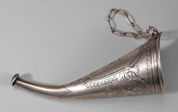 Russian silver [rozhok] funnel,: infant feeder, geometric decoration with angel and Russian prayer "God have mercy and nourish this infant", gilt interior, ring with chain, marks for Moscow, unknown maker's hallmark, .875 fine, 1.45 