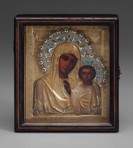 19th century Russian icon,: Kazan, mother of God, St. Petersburg, Russia, gilt silver oklad with champleve enameled filigree nimbuses with silver marks for unknown maker, probably Moscow, .875 fine, fully painted oil on panel un