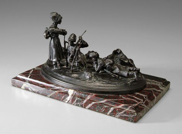 Bronze after Alexei Grachev,: Cossack encampment, signature in Cyrillic, foundry mark "F Chopin", 20th century casting after Alexei Petrovich Grachev, Russian, 1780-1850, patinated bronze on marble base, 6-1/2 x 11-1/4 in. Wear to