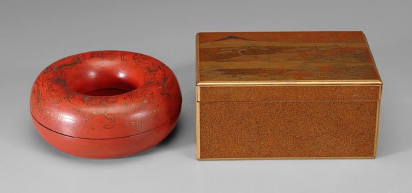 Two pieces Asian lacquer,: Japanese [makie] lacquer box, lid with misty landscape of riverbank, two structures with fires at openings, cranes overhead, interior and exterior with [nashiji] (pear skin) ground, 4-1/8 x 8-1/4 x 5-