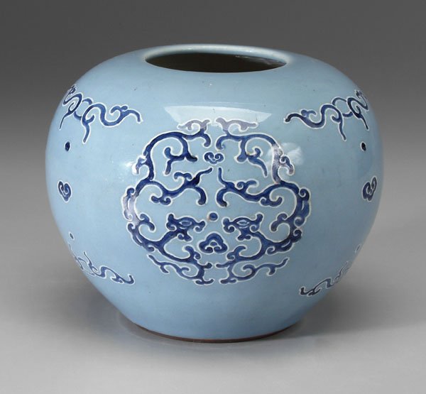 Chinese sky blue jar,: cobalt and white slip decoration, base with blue Qianlong (1736-1795) seal mark, 19th century, 7-1/2 in. Minor foot chip, scratches. Provenance: Formerly Collection of Thomas English Cody.