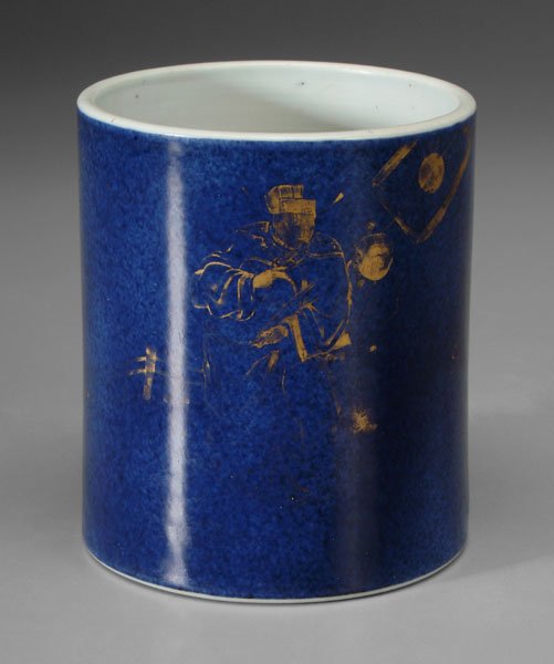 Chinese powder blue brush pot,: gilt court official and attendants, late 18th/early 19th century, 5-5/8 x 4-3/4 in. Exterior gilt loss. Provenance: Formerly Collection of Thomas English Cody.