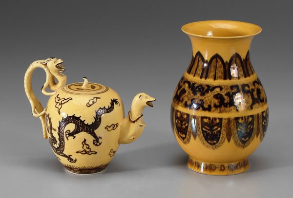 Two Chinese yellow-ground pieces:: pear-shaped vase with everted rim, dark brown archaic borders of taotie masks, dragons, lappets, base with etched seal mark for Qianlong period (1736-1795), 7-1/2 in., [minor crackle, scratches, glaze