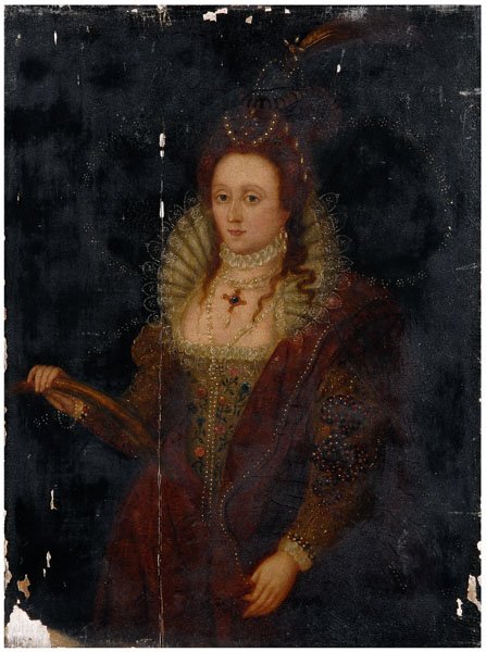 Queen Elizabeth portrait,: unsigned, after the Rainbow Portrait by Isaac Oliver, French/English, circa 1560-1617, oil on cradled panel, Continental, 19th century, unframed, 18-1/8 x 13-1/4 in. Panel split vertically 15 in., sma