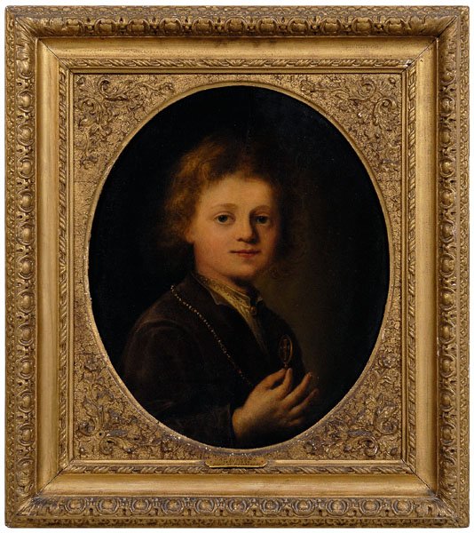 Portrait, circle of Jan Lievens,: portrait of a boy holding a medallion with cross, unsigned, circle of Jan Lievans, Netherlands, 1607-1674, oil on panel, oval 19-5/8 x 16-1/2 in.; 18th century carved and gilt wood frame with foliate-
