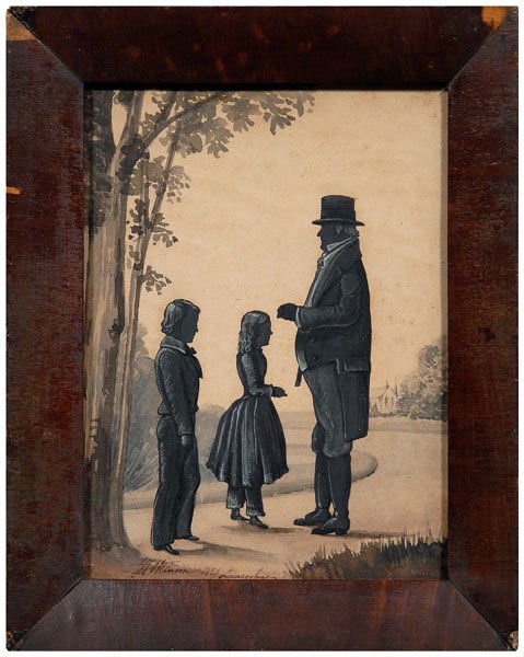 George Cutter Atkinson silhouette: (George Cutter Atkinson, British, active 1806-1826), gentleman with boy and girl in landscape, distant church, titled verso "Dr. Lanning and Grandchildren", signed lower left "G. Atkinson 1827 Lancash