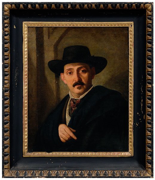 19th century Italian portrait,: portrait of a gentleman described verso canvas [Ragalato al…caro d'attizzion…amico Fizt Amitrata Lauria…92 Gaetano…](?), and inscribed verso canvas [Fatto al 1860 d all'astista Luigi Baschatti