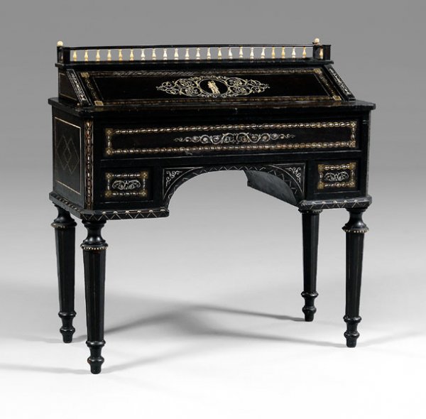 Italian ebonized and inlaid desk,: ivory balustrade gallery, fall front with figural inlay opening to four small drawers, faceted legs and turned feet, brass, mother-of-pearl, bone and exotic wood inlays, back fully finished and inlaid