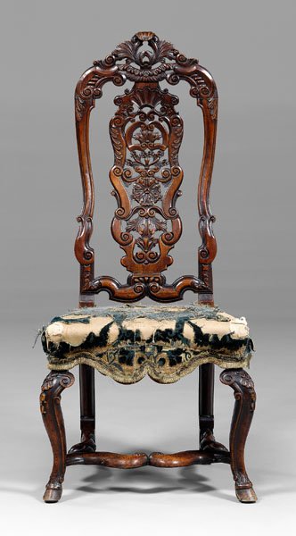 Dutch Baroque walnut side chair,: elaborately carved with pierced splat, cabriole legs with stretchers, hoof feet, probably retains remnants of original upholstery, mellow dark brown color, Dutch, circa 1700, 47-1/2 x 20-1/2 x 19 in. 