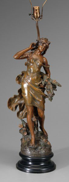 Bronze figural lamp,: nymph with gathered flowers, naturalistic base marked "Aug. Moreau", after Auguste Moreau, French, patinated metal, 26-1/4 in. with painted wood base. Abrasions. Provenance: Private Collection.