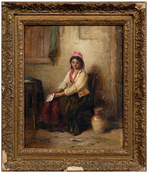 Thomas Kent Pelham painting: (British, 1860-1891), seated maiden holding letter, signed lower right "TK Pelham", oil on canvas, 17 x 14 in.; carved gilt and composition frame. Lined, repaired tears, scattered retouch, crackle, fl
