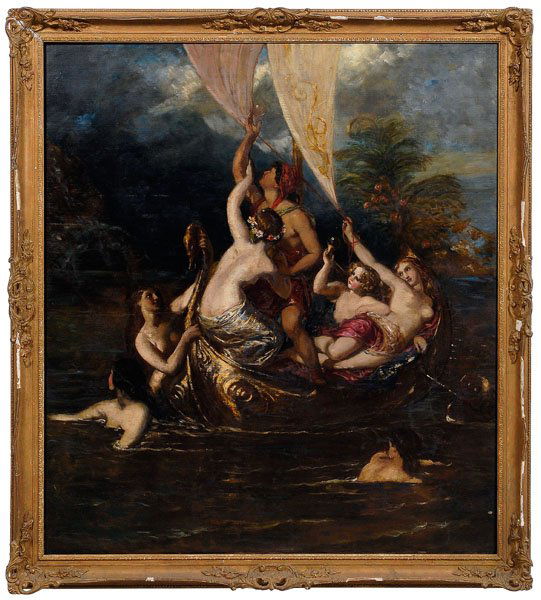 German School painting,: Odysseus and the Sirens, unsigned, oil on canvas, German, 19th century, 53 x 47 in.; gilt wood and composition frame. Retouch throughout with up to 25 percent of surface affected, lined, crackle, flak
