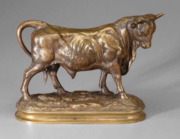Alphonse Arson bronze: (French, 1822-1882), bull on naturalistic base, signed in base "Arson", 10-7/8 x 15 x 4-1/2 in. Gold to brown patina, likely polished, abrasions.