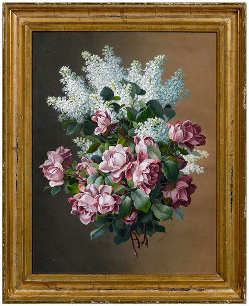 Raoul M. de Longpre gouache: (Raoul Maucherat de Longpre, French, 1855-1911), bouquet of roses and lilacs, signed lower right "Raoul M. de Longpre del.", gouache with watercolor on brown paper, 25-1/2 x 19-3/4 in.; original fine