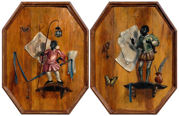 Pair [trompe l'oeil] panels:: blackamoors on shelves mounted to paneled walls, one holding a lantern on staff with key suspended on a ribbon, drawing suspended by string from a pin, moth at left, one with keys on nail, jug with qu