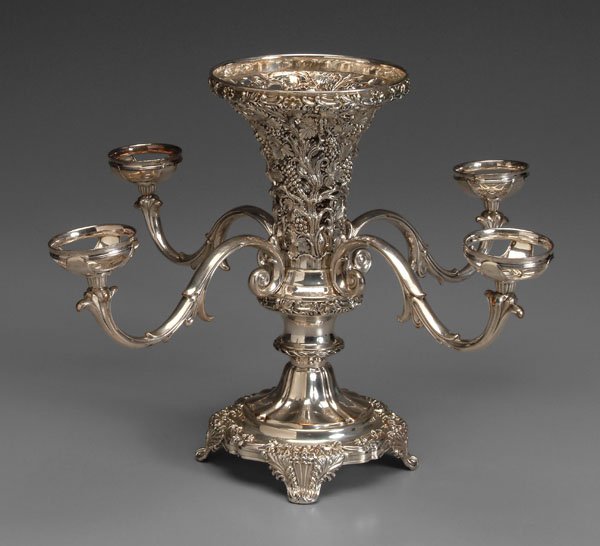 English silver-plated epergne,: openwork trumpet center with grape and vine decoration, four scrolled arms, shell and scroll footed base, no monogram, unmarked, probably English, possibly Old Sheffield plate, 19th century, 13-3/4 x 