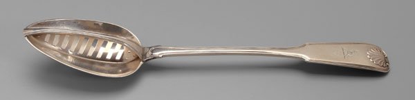 English silver strainer spoon,: downturned fiddle and thread handle with shell tip, marks for "RW" and "M.WEST", Dublin, 1816, heraldic device with dog, .925 fine, 6.51 oz.T., 12-1/4 in. Light scratches and wear. Provenance: Estate 